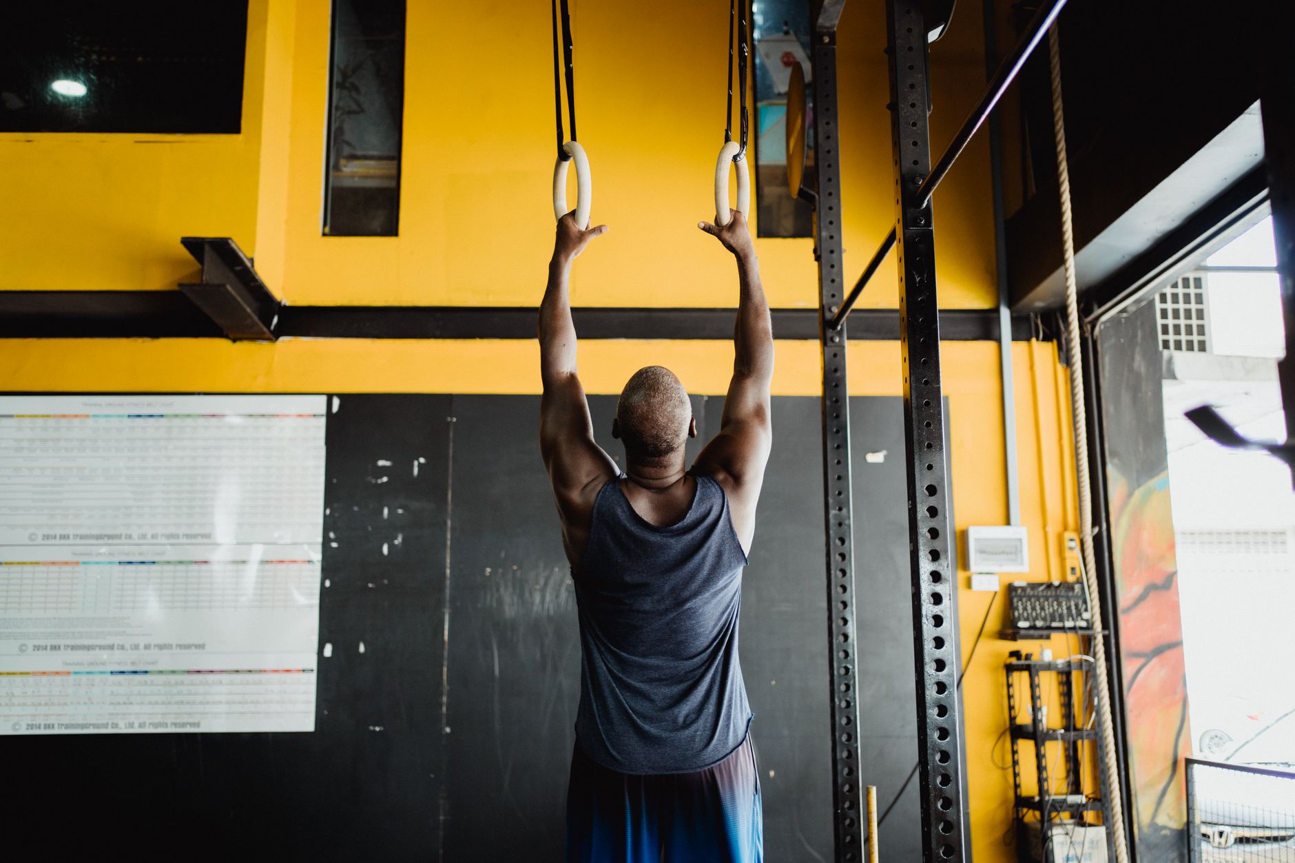 Rear view of a man performing exercises with gymnastic rings, indoor gym setting.